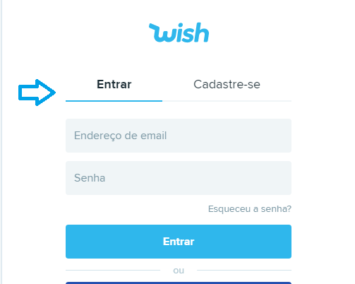 Na página inicial do Wish faça login em sua conta — www.Wish.com (Reprodução/ Felipe Freitas)