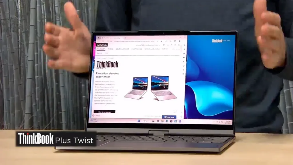 Com tela OLED de 13,3 polegadas, o Lenovo ThinkBook Plus Twist estreia chamando atenção pela dobradiça capaz de girar na horizontal para dar acesso à tela e-ink externa (Imagem: Lenovo)