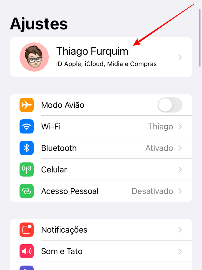 Abra os ajustes de configuração do seu ID Apple - Captura de tela: Thiago Furquim (Canaltech)