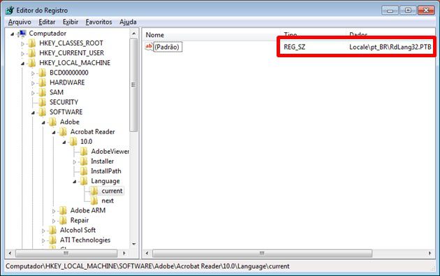 Caminho no registro para ver as configurações de linguagem do Adobe Reader Caminho no registro para ver as configurações de linguagem do Adobe Reader