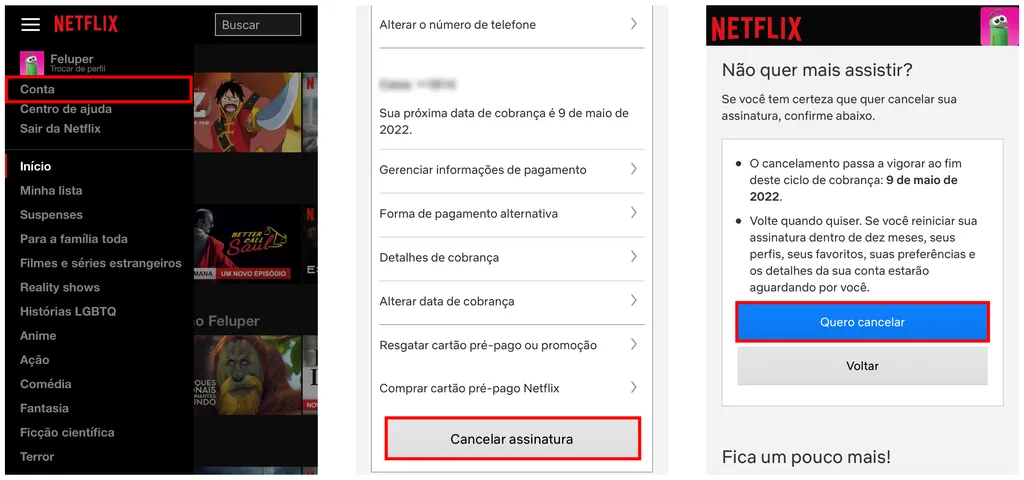 A Netflix mostra quando seu cancelamento começa passa a entrar em vigor (Captura de tela: Canaltech/Felipe Freitas)
