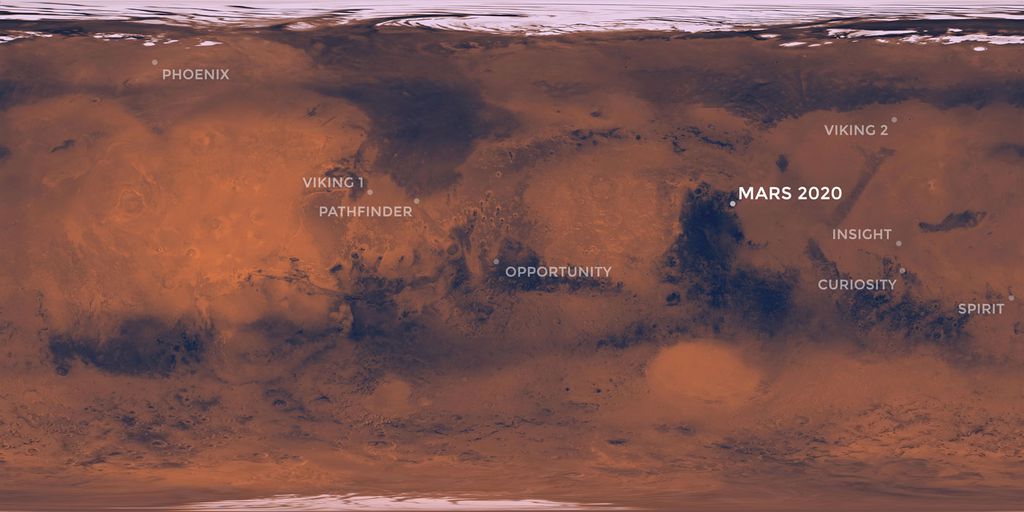 Os locais de pouso das missões marcianas passadas da NASA, em comparação com o local onde o rover da Mars 2020 pousará em fevereiro de 2021 (Imagem: NASA)