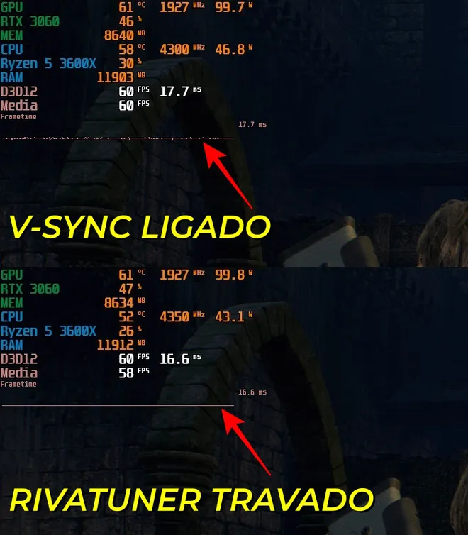 A linha lisa mostrada no gráfico significa que o tempo dos quadros está estável ao travar a taxa de quadros no Rivatuner (Captura de tela: Felipe Vidal/Canaltech)