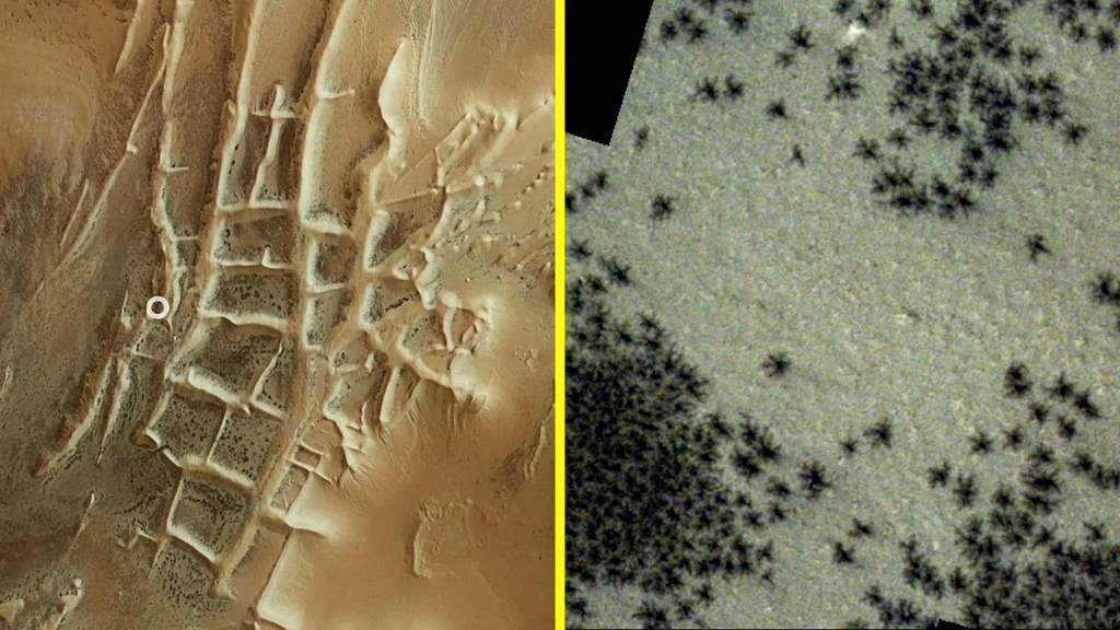 Cidade Inca em Marte (esquerda), onde ficam as "aranhas" de dióxido de carbono (direita) (Imagem: Reprodução/ESA/DLR/FU Berlin/ESA/TGO/CaSSIS)