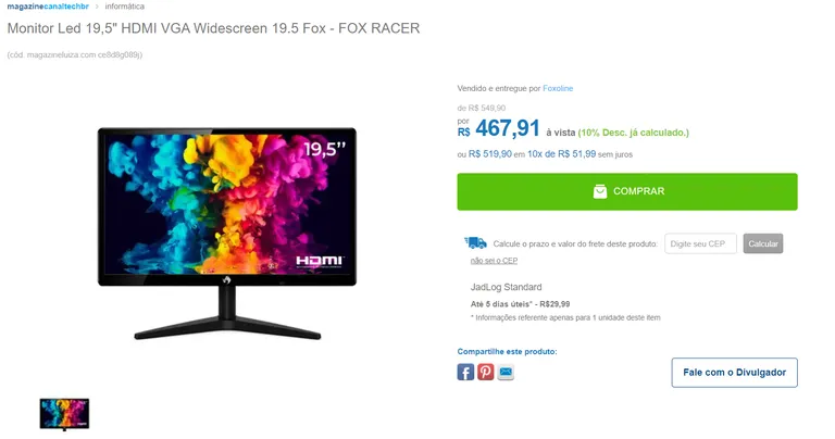 Monitor Led 19,5" HDMI VGA Widescreen 19.5 Fox - FOX RACER - Canaltech ...