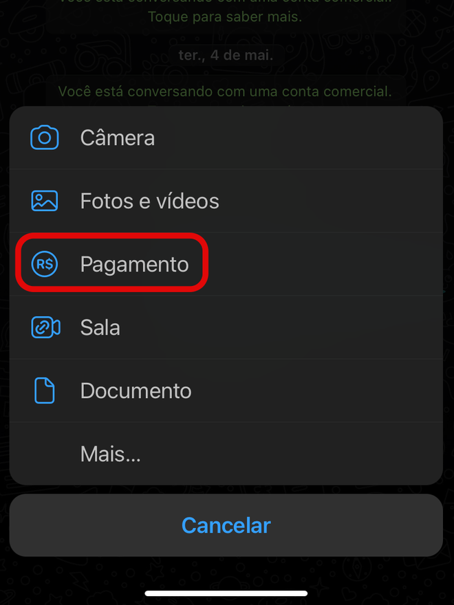 Abra uma conversa no WhatsApp, toque no botão "+" e vá em "Pagamento" para iniciar as configurações do Facebook Pay - Captura de tela: Thiago Furquim (Canaltech)