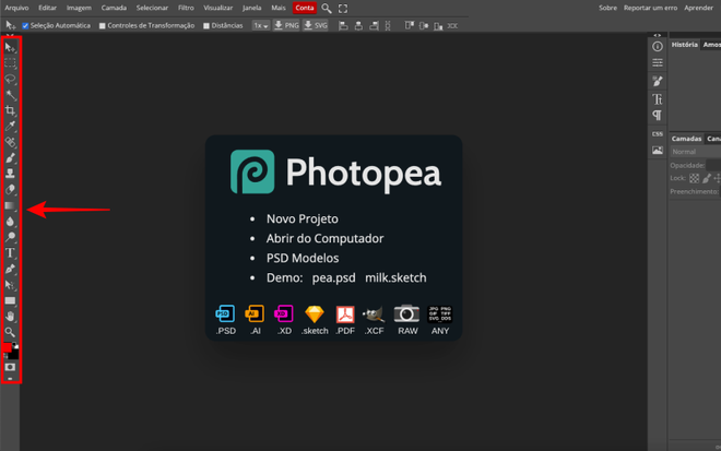 Photopea é um editor de imagens com interface e principais recursos do Photoshop (Captura de tela: Caio Carvalho)