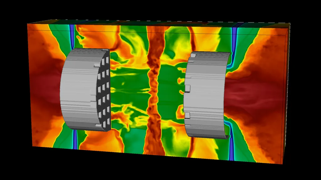 Simulações de computador do experimento mostraram pontos quentes e frios se formando ao redor do alvo (Imagem: Reprodução/Yingchao Lu/University of Rochester)