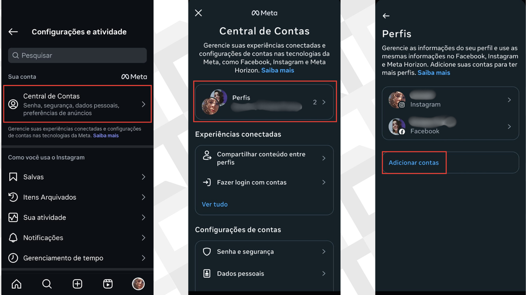 Passos para adicionar contas na Central de Contas da Meta