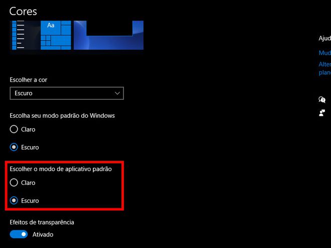 Escolha o modo de aplicativo padrão para ativar o modo escuro no Windows 10 (Captura de tela: Matheus Bigogno)