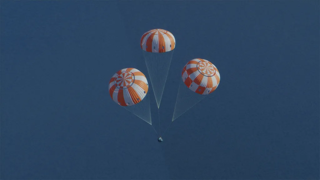 A espaçonave Orion usará paraquedas para reduzir sua velocidade durante o pouso. ((magem: NASA)
