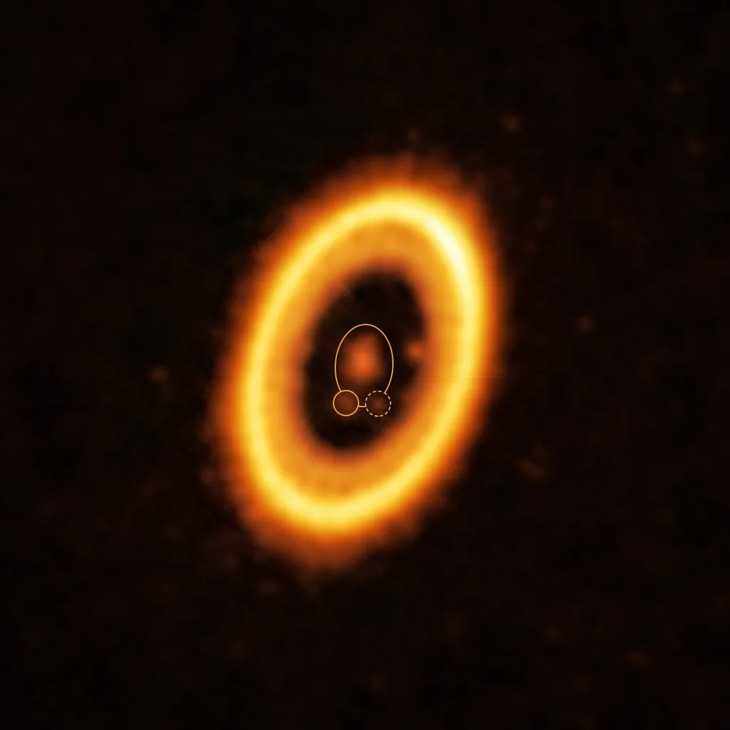 Exoplaneta PDS 70 b e a nuvem de detritos indicados em círculo amarelo e linha pontilhada, respectivamente (Imagem: Reprodução/ALMA (ESO/NAOJ/NRAO) /Balsalobre-Ruza et al.)