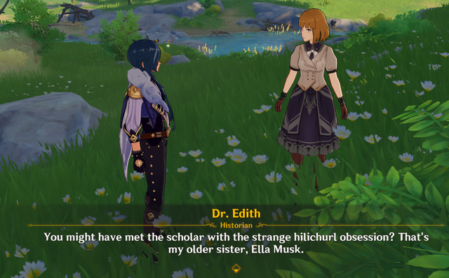 A personagem, uma historiadora, alega que Ella é sua irmã mais velha. Erro de tradução ou segredo bizarro? (Imagem: Reprodução/miHoYo)