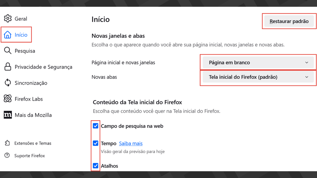 Captura de tela das configurações de tela inicial do Firefox