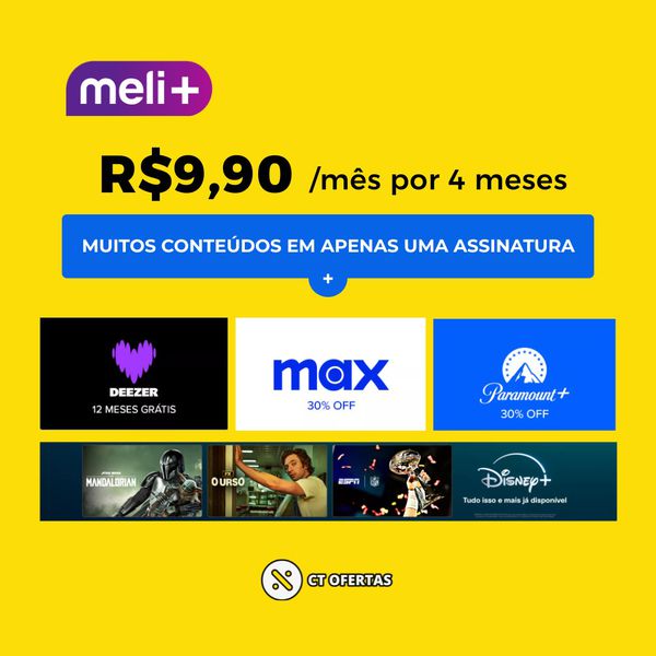 Assine o MELI+ por R$ 9,90 nos QUATRO primeiros meses e tenha acesso a benefícios como: Disney+ incluso, Deezer Premium por 12 meses, descontos EXCLUSIVOS e frete grátis em milhões de produtos