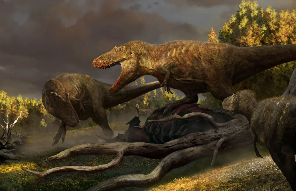 Representação do D. wilsoni e outros tiranossaurídeos lutando por uma carcaça de centrossauro (Imagem: Rudolf Hima/Badlands Dinosaur Museum)