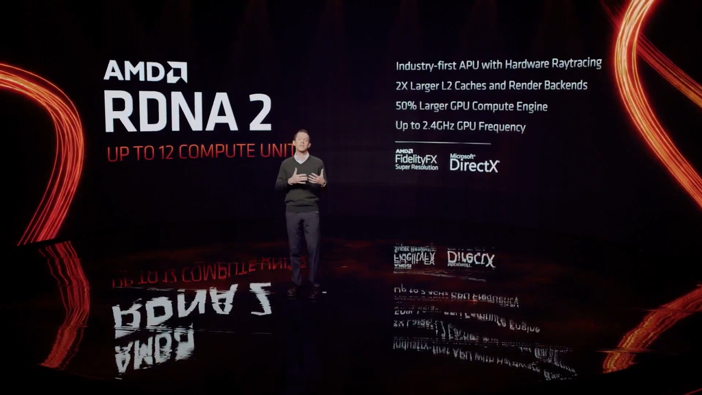 As iGPUs RDNA 2 trazem até 12 CUs, clocks impressionantes de até 2,4 GHz e Ray Tracing acelerado por hardware (Imagem: Reprodução/AMD)