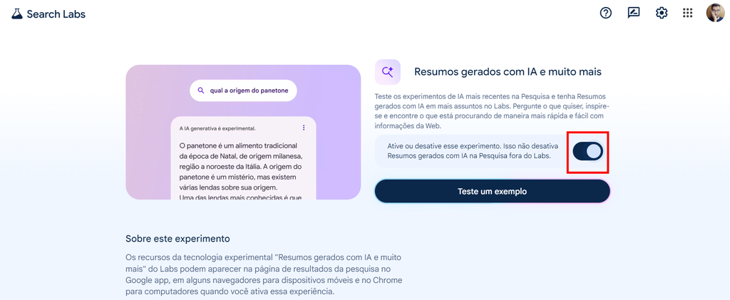 Ative os resumos gerados com IA na Busca pelo Google Labs (Imagem: Captura de tela/Guilherme Haas/Canaltech)