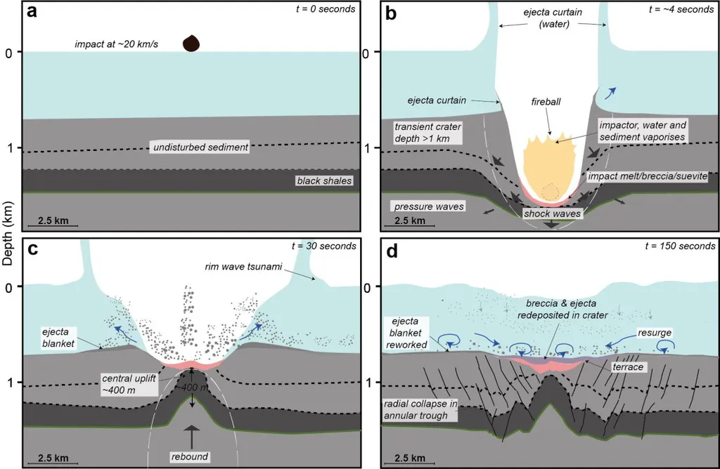 Ilustração do estudo mostra os efeitos da colisão de um asteroide no mar (Imagem: Nicholson et al./Science Advances)