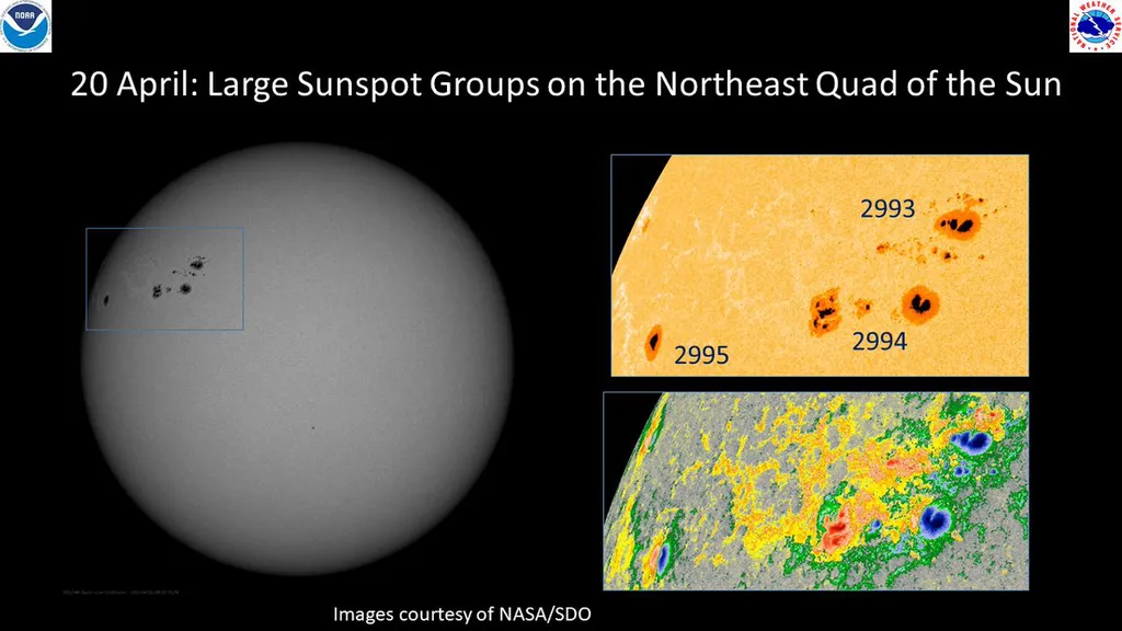 Grupos de manchas solares observadas no dia 20 de abril (Imagem: Reprodução/NASA/SDO)