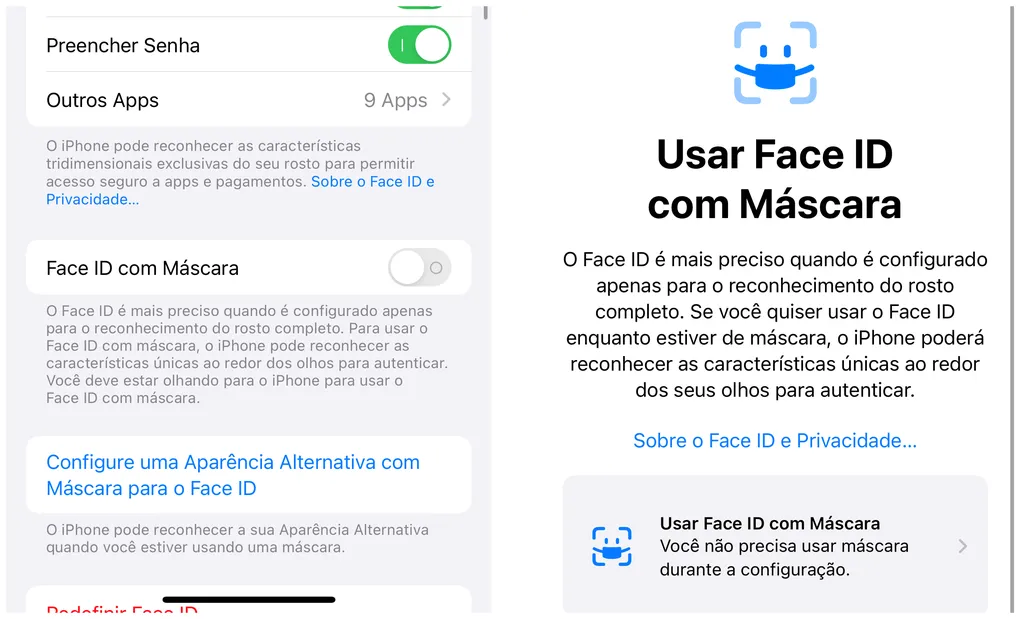 Ajuste o Face ID para desbloquear o iPhone usando máscara (Imagem: Bruno Salutes)