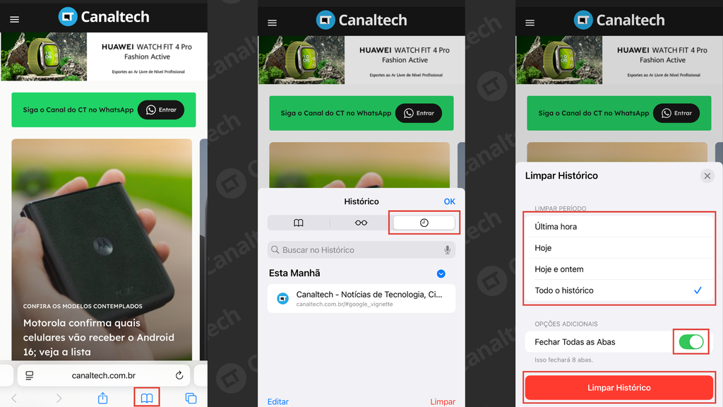 Passos para apagar os dados de navegação no Safari