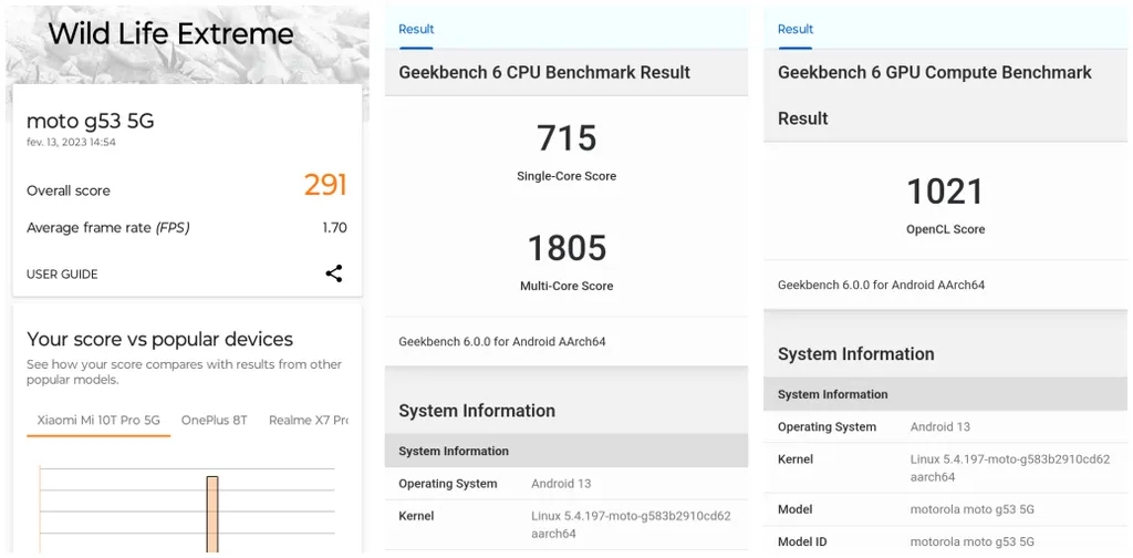 Desempenho do Moto G53 nos testes de benchmark (Capturas: Jucyber/Canaltech)