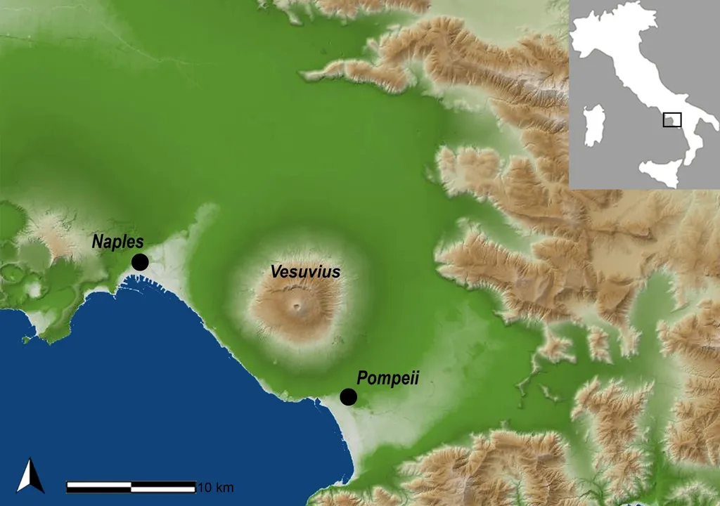 Localização de Pompeia e do Vesúvio na Itália (Imagem: Gabriele Scorrano et.al/SINAnet ISPRA)