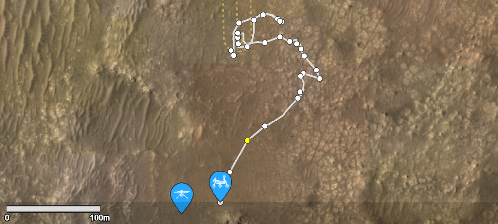 A linha branca indica o caminho percorrido pelo Perseverance, e a amarela, o caminho de voo do Ingenuity; a área tracejada indica a zona de voo do helicóptero (Imagem: Captura de tela/NASA)
