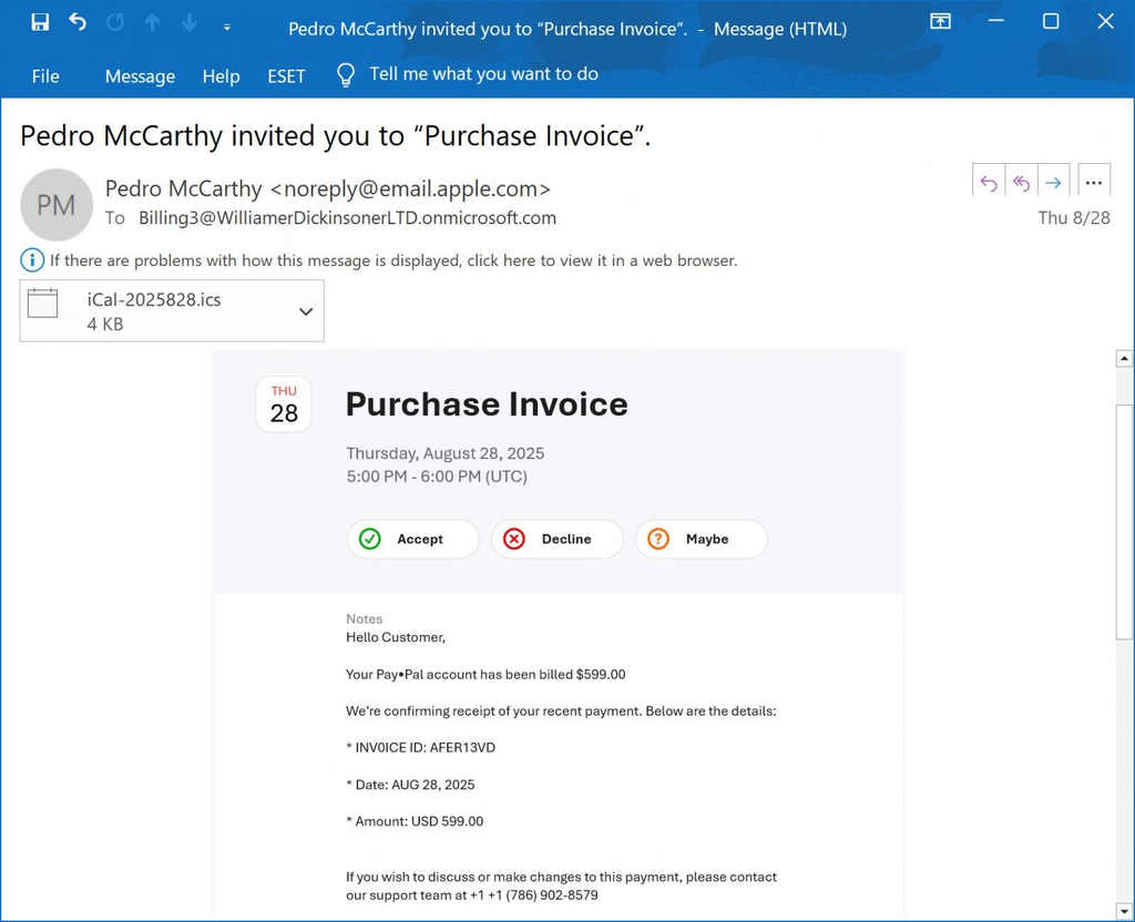 O convite do calendário iCloud imita um comprovante de compra, pedindo ao usuário para que ligue para cancelar ou modificar a transação (Imagem: BleepingComputer)