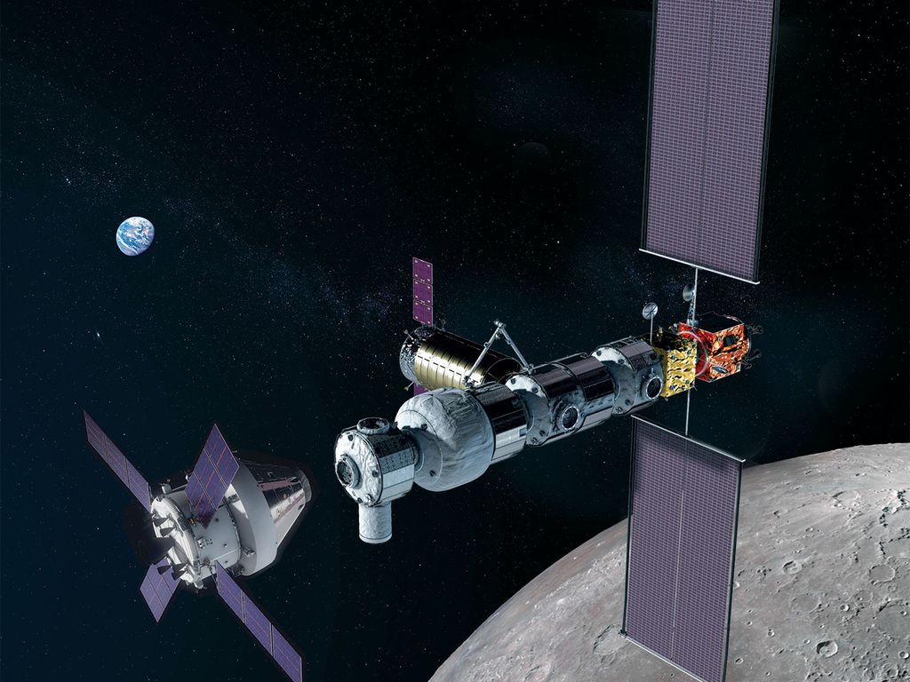 Conceito mostra a nave Orion, da NASA, sendo acoplada à estação Gateway na órbita da Lua (Imagem: NASA)