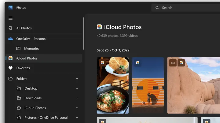 A integração com o iCloud Photos torna a galeria do Windows mais completa e útil (Imagem: Reprodução/Microsoft)