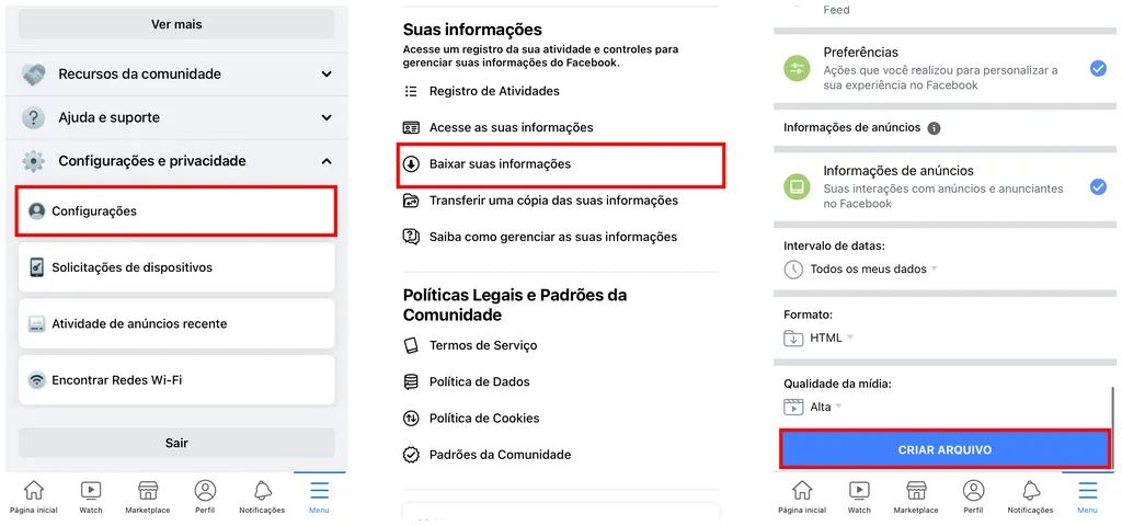 Você pode criar um arquivo de backup das suas informações do Facebook (Captura de tela: Canaltech/Felipe Freitas)