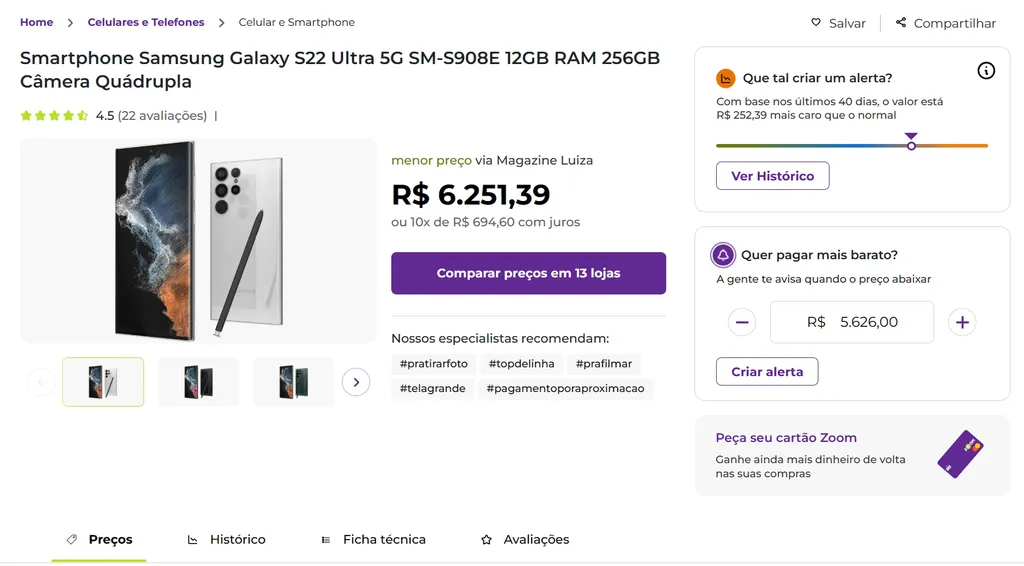 Preço médio do Galaxy S22 Ultra em varejistas online. (Imagem: Zoom/Reprodução)
