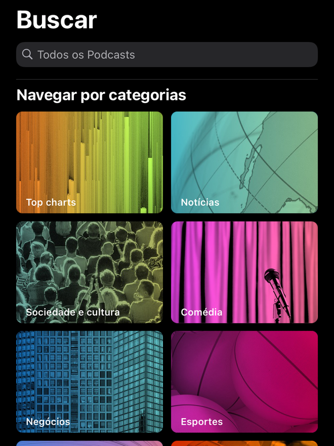 Encontre uma série de gêneros e categorias de podcasts para explorar. Captura de tela: Lucas Wetten (Canaltech)