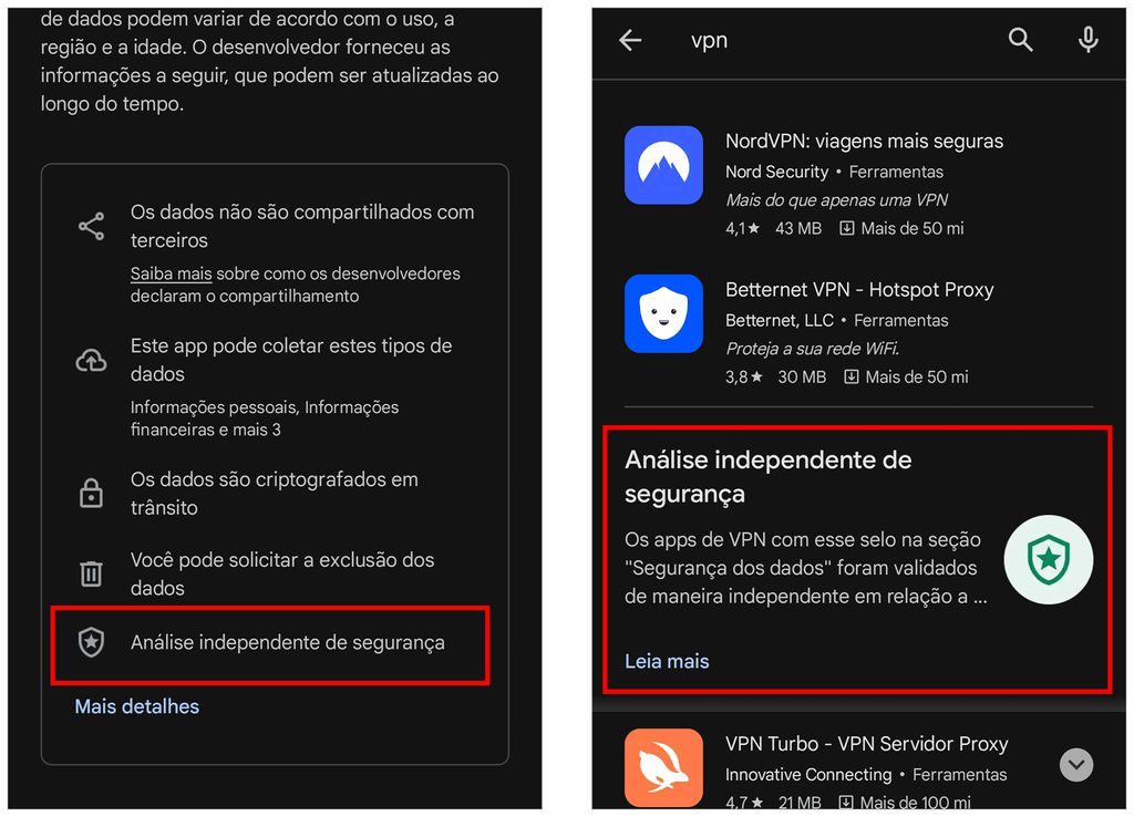 Play Store exibe o selo nas informações de segurança do app (esquerda) e na busca por VPNs (direita) (Imagem: Captura de tela/André Magalhães/Canaltech)