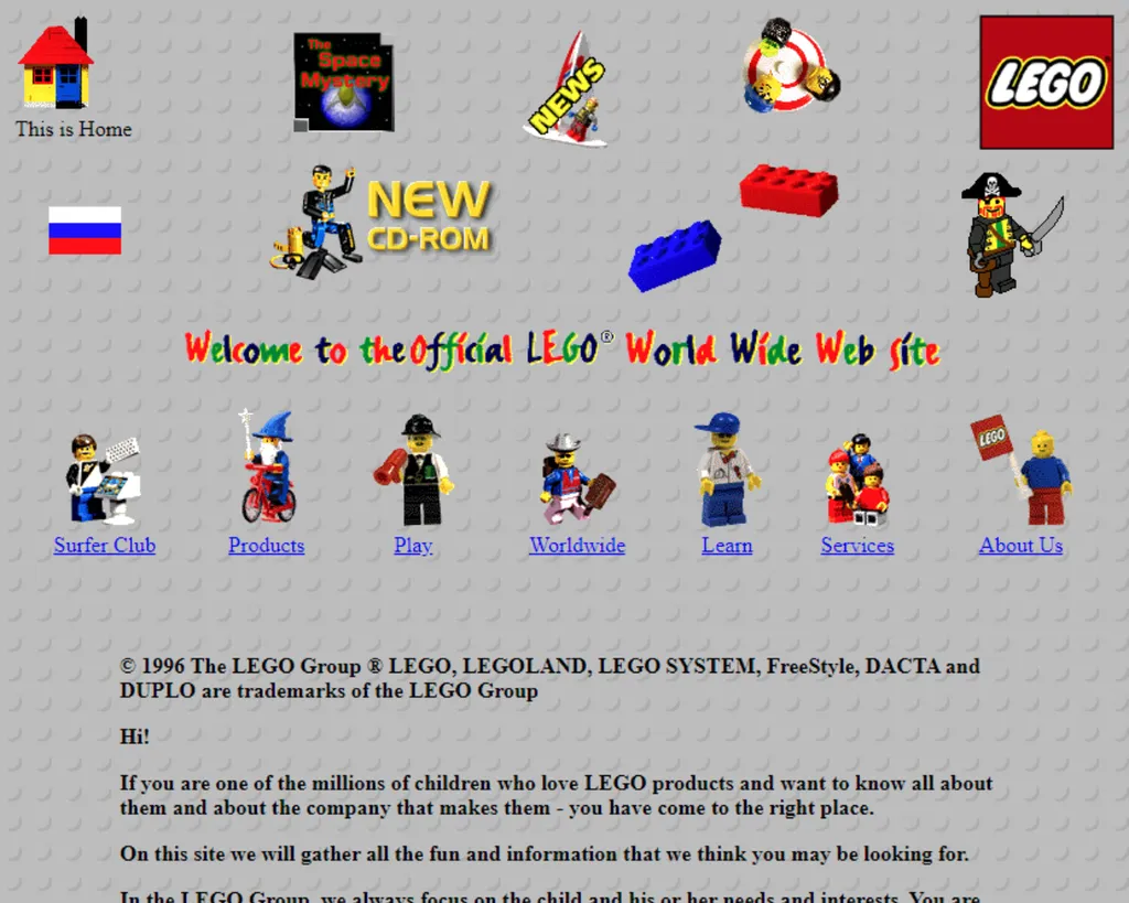 O primeiro site da LEGO tinha brinquedos destacando cada seção (Imagem: Reprodução/Web Design Museum)