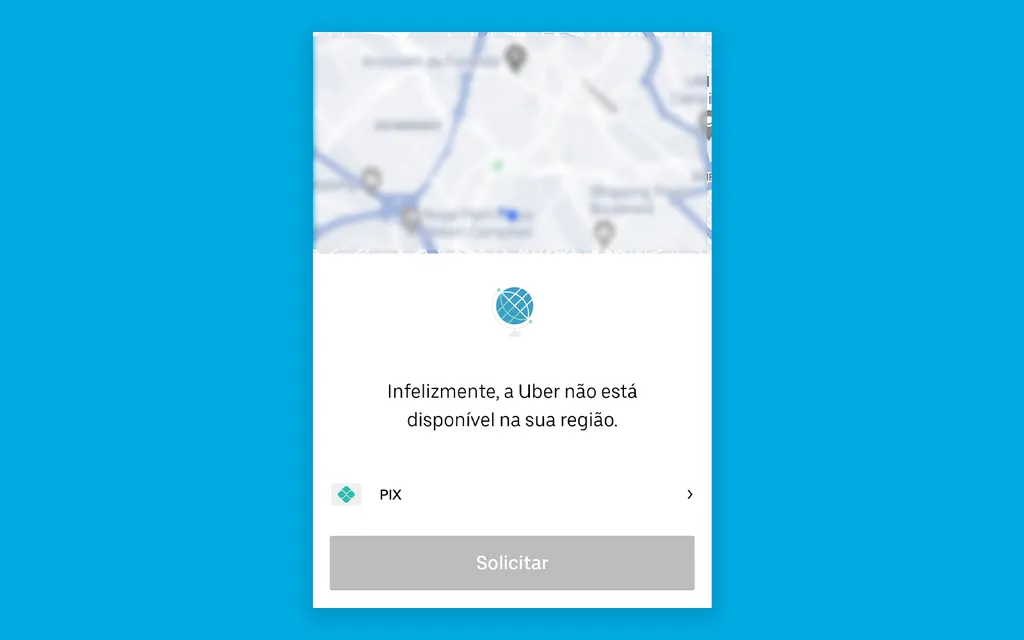 Ao tentar pedir corrida em cidade que não tem Uber, aplicativo exibe uma mensagem (Captura de tela: André Magalhães)