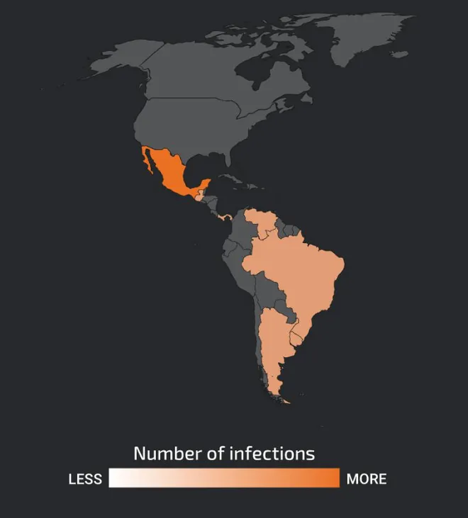 Mapa de contaminação pelo Harobot mostra foco no México, mas também tem casos espalhados pelo Brasil e países vizinhos da América Latina (Imagem: Reprodução/Cisco Talos)