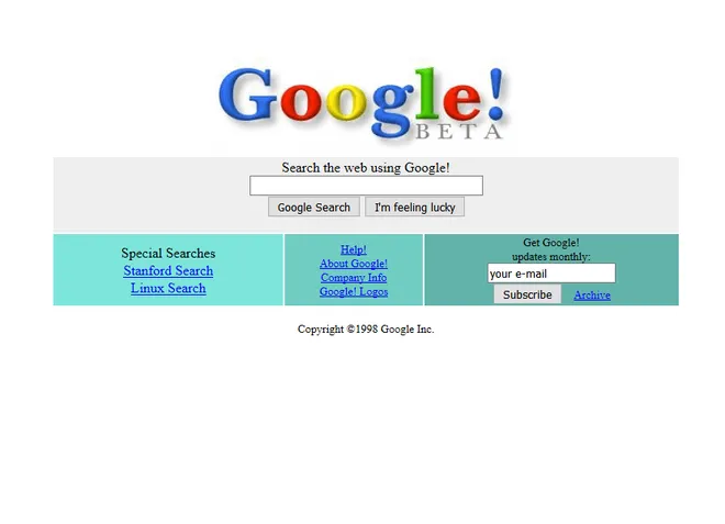 Primeiro visual do Google, em 1998 (Imagem: Reprodução/Web Design Museum)