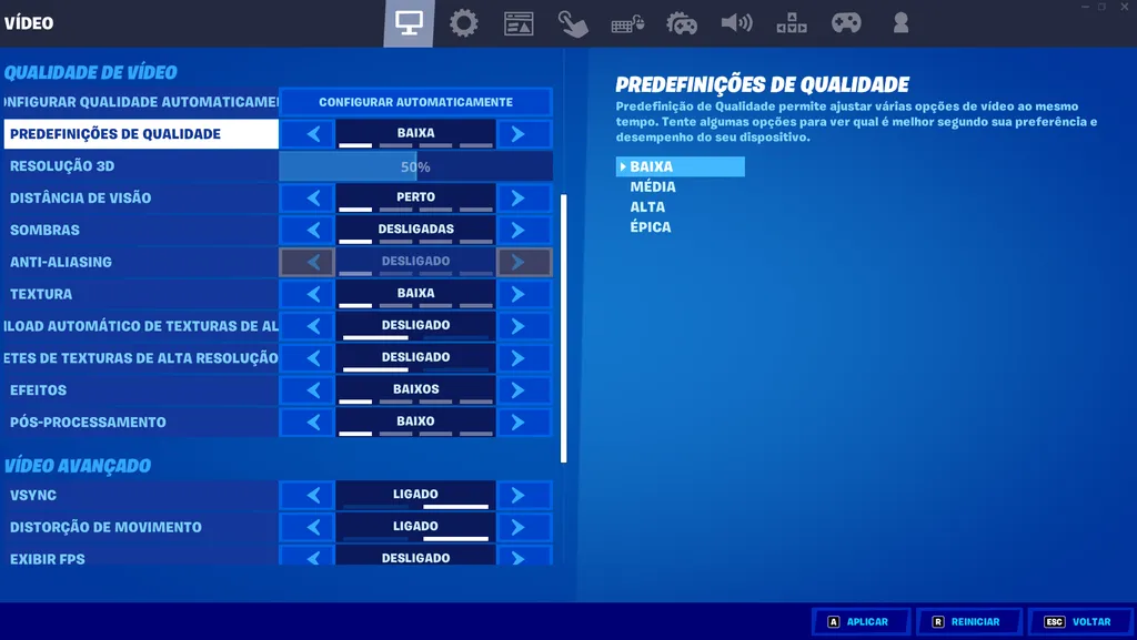 Fortnite deixa os jogadores personalizarem opções de gráficos do jeito que preferirem (Captura de tela: Felipe Goldenboy/Canaltech)