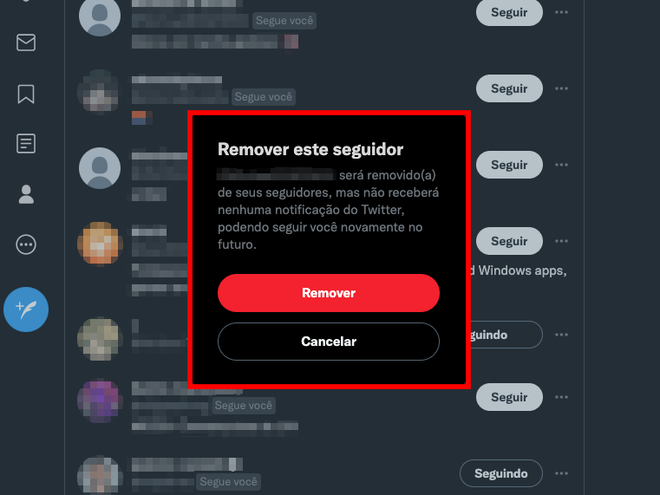 Para confirmar a exclusão do seguidor, selecione "Remover" (Captura de tela: Caio Carvalho/Canaltech)