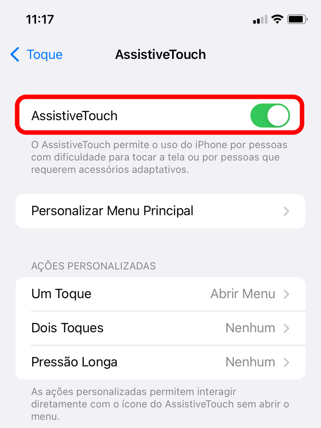 Habilite a função "Assistive Touch" - Captura de tela: Thiago Furquim (Canaltech)