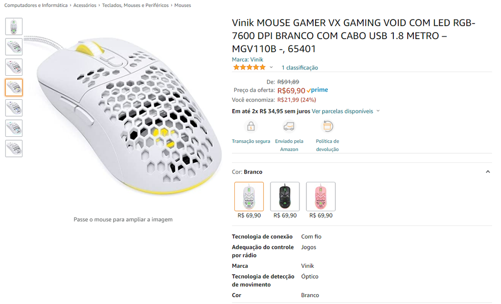 Mouse Gamer Vinik VX Gaming Void 7600 DPI Branco - Canaltech Ofertas