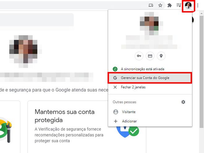 Clicando na sua foto no canto superior do Google Chrome, você pode gerenciar a sua conta (Captura de tela: Matheus Bigogno)