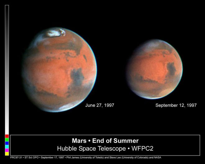 Imagens do Hubble registradas em 1997 mostram como a superfície marciana aparecve diferente em relação ao acúmulo de gelo polar e de nuvens, comparando o período do inverno, em junho, com o do verão, em setembro (Imagem: Reprodução/Phil James, Steve Lee, NASA)