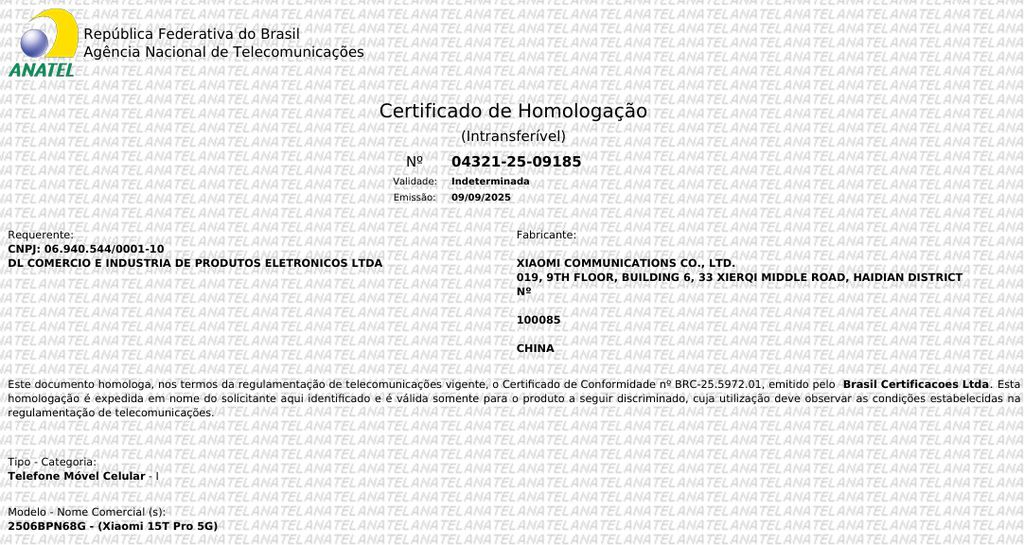certificado anatel - xiaomi 15T Pro