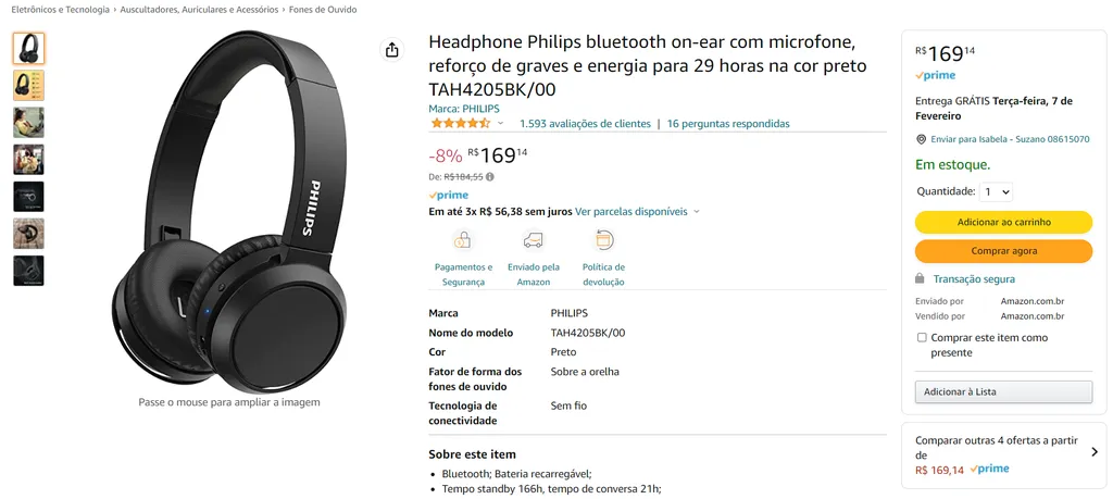 Headphone Philips Bluetooth TAH4205BK/00 - Canaltech Ofertas