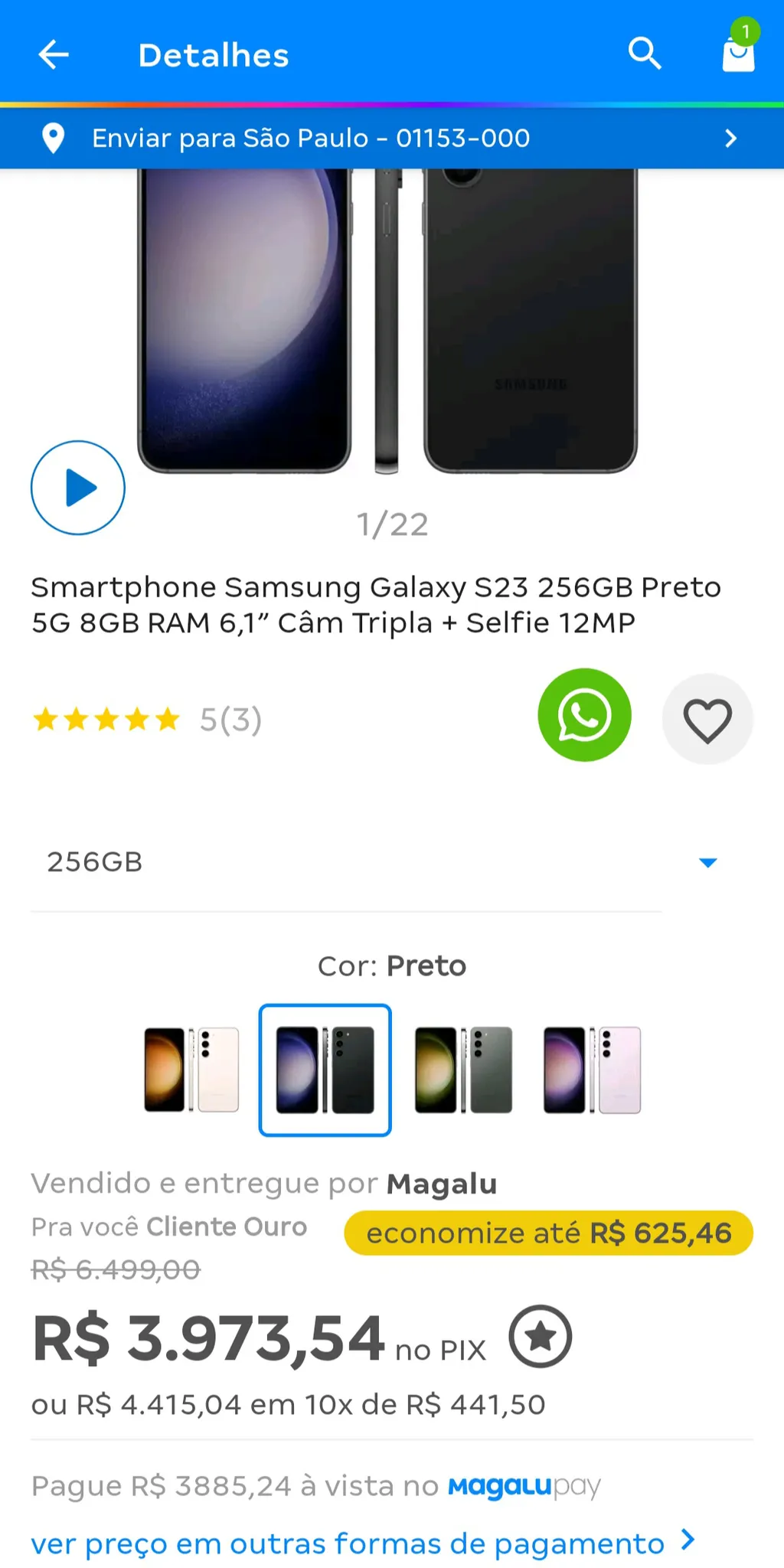 Smartphone Samsung Galaxy S23 256GB Preto 5G 8GB RAM 6,1” Câm Tripla +  Selfie 12MP - Galaxy S23 - Magazine Luiza