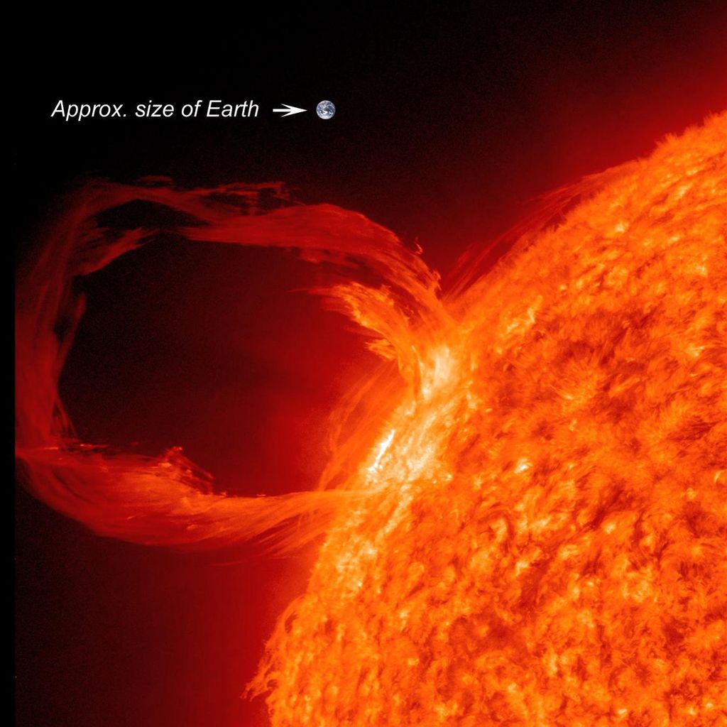 Uma erupção solar e o tamanho da Terra para fins de comparação (Imagem: Reprodução/NASA/SDO)
